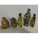 A pair of Chinese glazed terracotta character figures, Japanese Satsuma figure of a Buddha,
