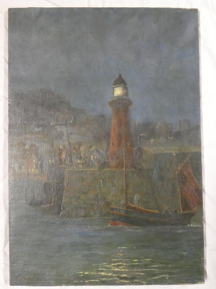 W**G**Gance - oil on canvas Harbour scene with lighthouse and fishing boat, signed,