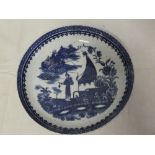 An 18th Century Caughley china shallow bowl with blue and white figure and landscape decoration 8"