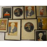 Nine coloured prints of legal and judicial figures,