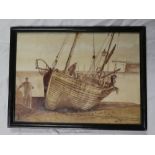 Artist Unknown - watercolour Sepia study of a Penzance fishing boat in a harbour,