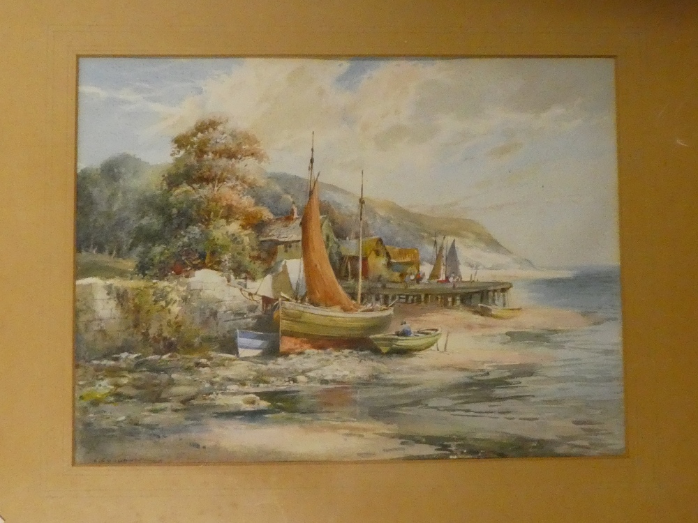 C**Goodall - watercolour Mediterranean coastal scene with fishing boats, signed,