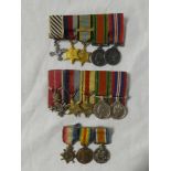Three miniature groups of medals including DFC and Second War group of four medals,