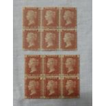 A block of six 1d reds from plate 170 unmounted mint and a block of six 1d reds plate 198 mounted