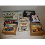 Various modern boxed toys including Titanic Ship of Dreams, Russian boxed vehicles,
