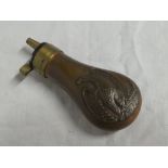 A copy American Civil War brass mounted copper pistol powder flask