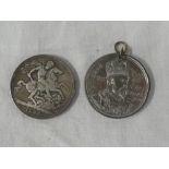 A Victorian 1889 silver crown (f) and a 1902 Edward VII coronation medallion (2)