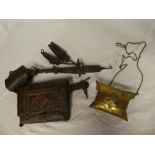 An old Arab leather gun belt with two pouches and various tools and a copper mounted brass Arabic