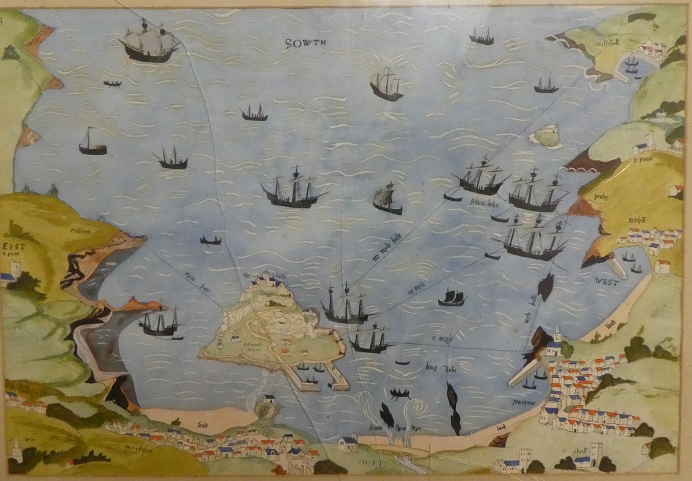 A good quality watercolour map based on the British Museum chart of Mounts Bay showing shipping,