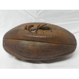 An old leather Rugby ball bearing faint signatures from the 1929/30 England v Australia Rugby