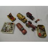 A selection of die-cast vehicles including Corgi Toys Basil Brushes car, a selection of road signs,