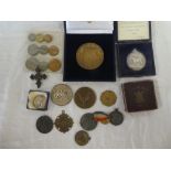 A selection of coins and medallions including silver Light Horse Breeding Society medallion,