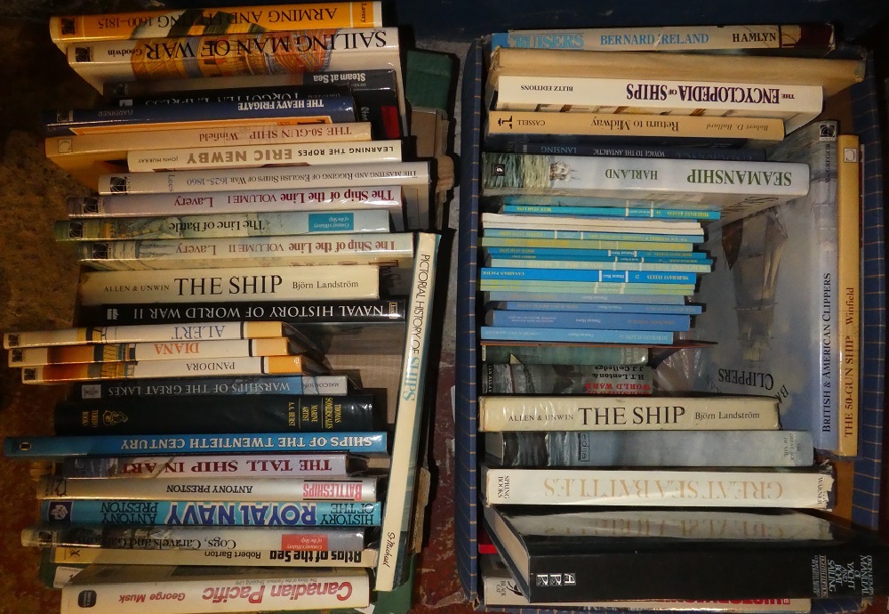 Two boxes containing a selection of shipping and nautical related volumes including The Ship of