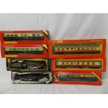 Hornby OO gauge - three mint/boxed GWR coaches, two boxed BR coaches,