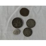 Four various Indian silver coins and a similar bronze coin