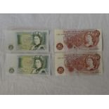 Two brown ten shillings notes signed Fforde and two green consecutively numbered one pound notes