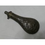 A 19th Century JS Riley patent brass mounted copper powder flask with raised pheasant and foliage