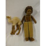 An old cloth covered doll by Norah Wellings and a plush covered camel figure (2)