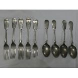 Five Edward VII nickel plated table forks and four matching spoons of the North Somerset Yeomanry