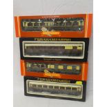 Hornby OO gauge - two mint/boxed GWR Clerestory coaches and two Graham Farish mint/boxed GWR