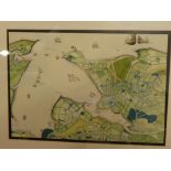 A modern watercolour map based on an early British Museum map of Falmouth Haven showing Pendennis &