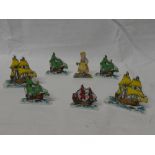 Seven Wade Snippets china children's figures including Santa Maria, Mayflower and Revenge Boats,