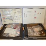 Two boxes containing a selection of various stamps including three stock books of World stamps,