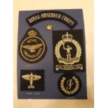 A display of Royal Observer Corps badges including Second War cloth Royal Observer Corps badge,