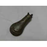 A small 19th Century brass mounted copper pistol powder flask with pheasant decoration,