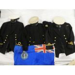 A Royal Naval Reserve Officers tunic with brass Queen's crown buttons together with trousers,