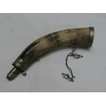 A 19th Century nickel mounted natural cow horn powder flask with adjustable top