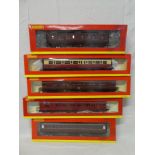 Hornby OO gauge - five mint and boxed maroon carriages including R4293D suburban coach,