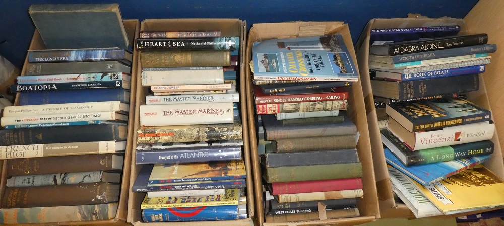 Four boxes of various sailing and nautical related volumes including A History of Seamanship;