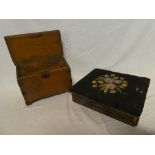 An old oak stationery box with fitted interior and a Victorian inlaid mahogany table box with