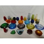 A selection of art coloured glass bowls, vases, dishes,