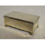 A George V silver rectangular cigarette box with engraved inscription,