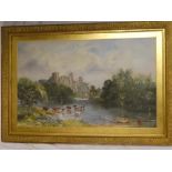 S**Evans - watercolour Castle scene with river and cattle in the foreground, signed and dated 1861,