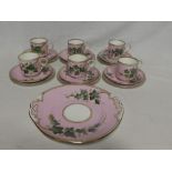 A 19th Century Longton Hall china teaset with leaf decoration on pink and gilt ground comprising