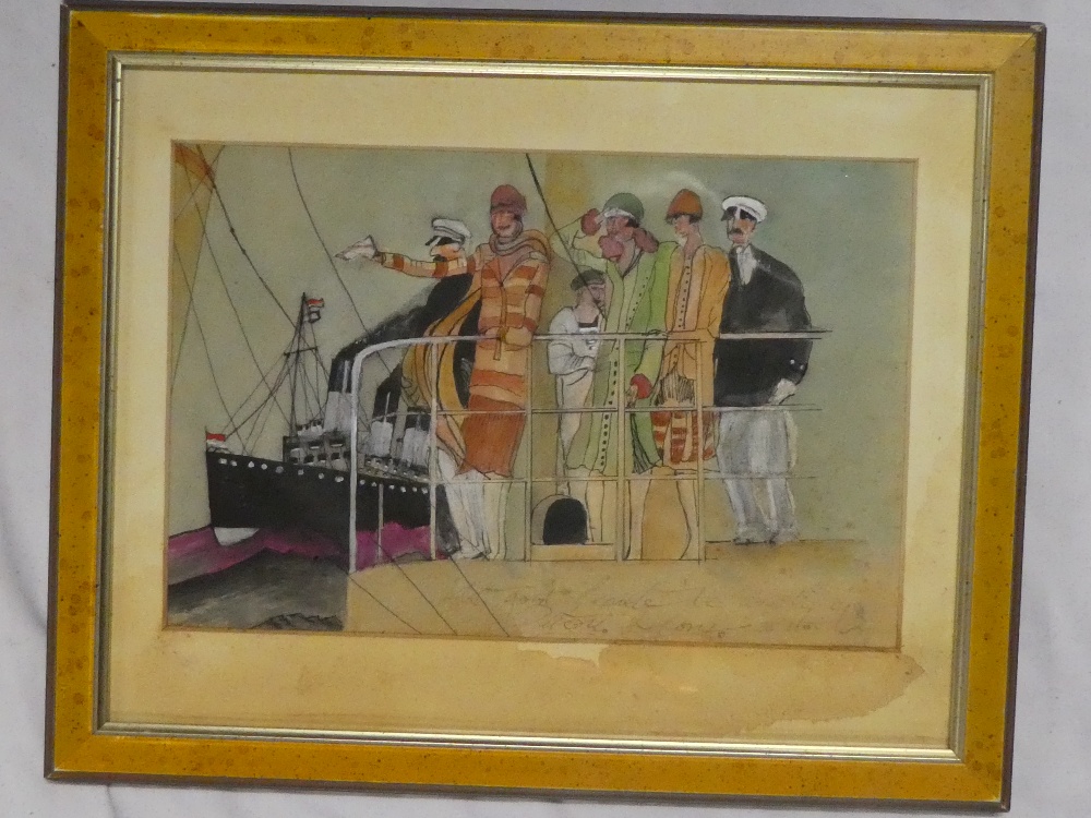 Artist Unknown - watercolour French Art Deco-style cartoon depicting figures on a pier, inscribed,