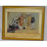 Artist Unknown - watercolour French Art Deco-style cartoon depicting figures on a pier, inscribed,