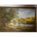 Ted Dyer - oil on canvas River scene with children in the foreground, signed,