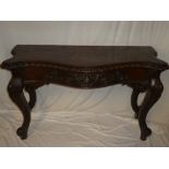 A 19th Century Continental carved mahogany serpentine fronted side table with decorated frieze on