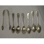 An early Victorian silver fiddle pattern sugar tongs,