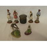 Six old Indian painted plaster figures of various tradesmen and characters together with an Indian
