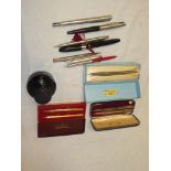 A selection of various pens and pencils including silver yardo'lead propelling pencil,