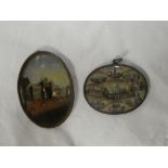 A 19th Century miniature painting reversed on glass with mother of pearl mounts depicting a street