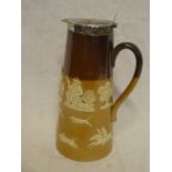 A late Victorian Royal Doulton stoneware Harvest jug with silver mounted rim and lid,