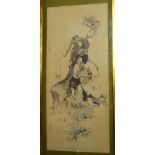 A 19th Century Chinese watercolour scroll depicting a character figure below and tree,