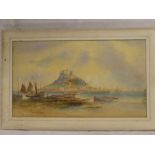 J** C** Uren - watercolour View of St Michaels Mount with fishing boats in the foreground,