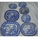 A 19th Century Staffordshire pottery oval meat platter with in-set gravy well and willow pattern